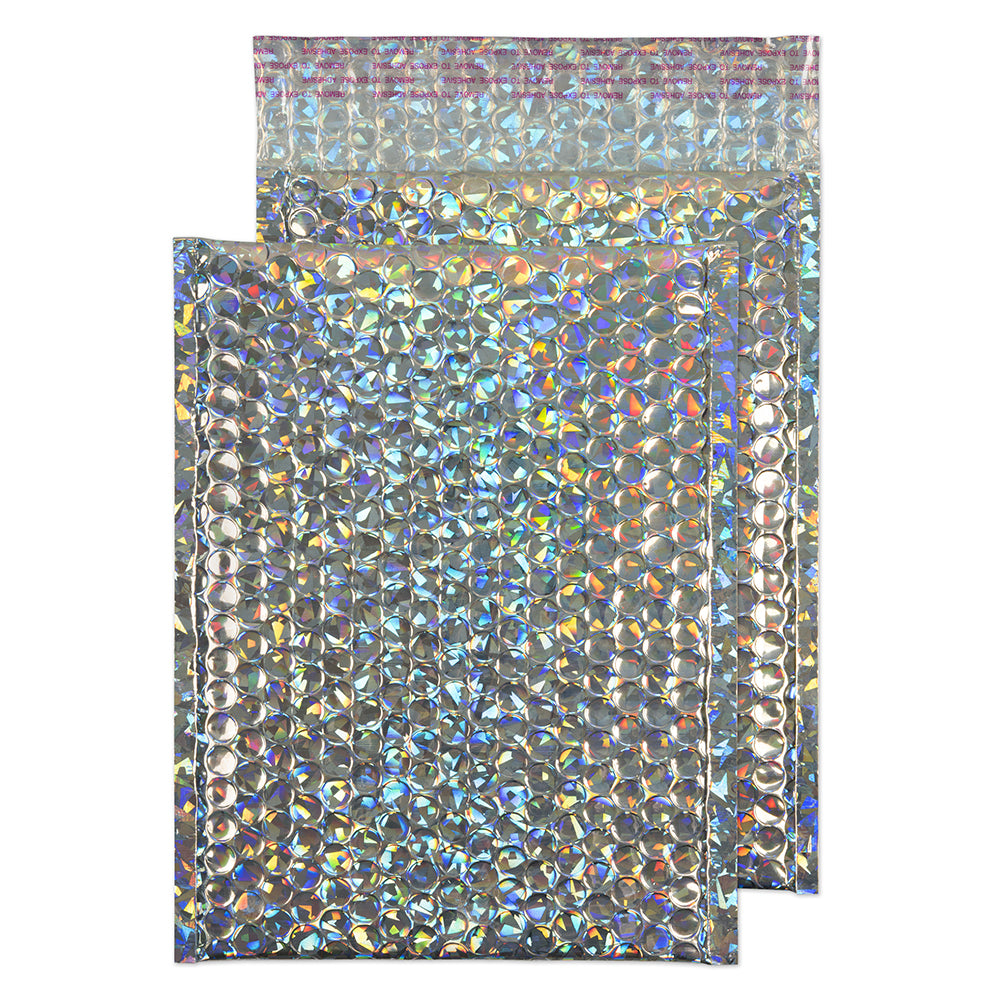 C5+ Metallic Silver Holographic Padded Bubble Envelopes (Qty 100) 180mm x 250mm